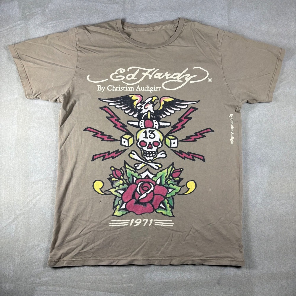 Ed Hardy Christian Audigier Mens Graphic T-Shirt Brown Eagle Skull Rose L